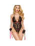 Bodystring noir ouvert à l'entrejambe avec menottes assortis